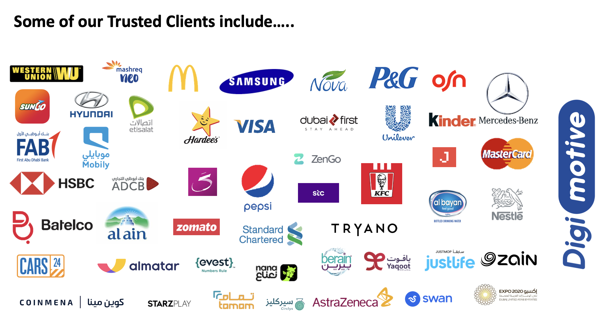 Trusted clients including HSBC, Samsung, Mercedes-Benz, Nescafé, Unilever, P&G, McDonald's, Visa, Mastercard, Pepsi, KFC, Mashreq, ADCB, FAB, Standard Chartered, Etisalat, Mobily, Zain, stc, Hyundai, Western Union, Expo 2020 Dubai and more